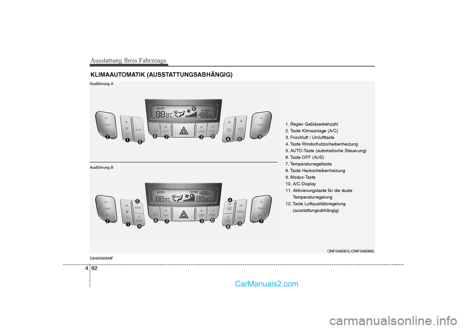 Hyundai Sonata 2008 Betriebsanleitung (in German) Ausstattung Ihres Fahrzeugs
82
4
KLIMAAUTOMATIK (AUSSTATTUNGSABHÄNGIG)
D240000ANF
ONF048081L/ONF048082L
Ausführung A
Ausführung B 1. Regler Gebläsedrehzahl
2. Taste Klimaanlage (A/C)
3. Frischluf Hyundai Sonata 2008 Betriebsanleitung (in German) Ausstattung Ihres Fahrzeugs
82
4
KLIMAAUTOMATIK (AUSSTATTUNGSABHÄNGIG)
D240000ANF
ONF048081L/ONF048082L
Ausführung A
Ausführung B 1. Regler Gebläsedrehzahl
2. Taste Klimaanlage (A/C)
3. Frischluf