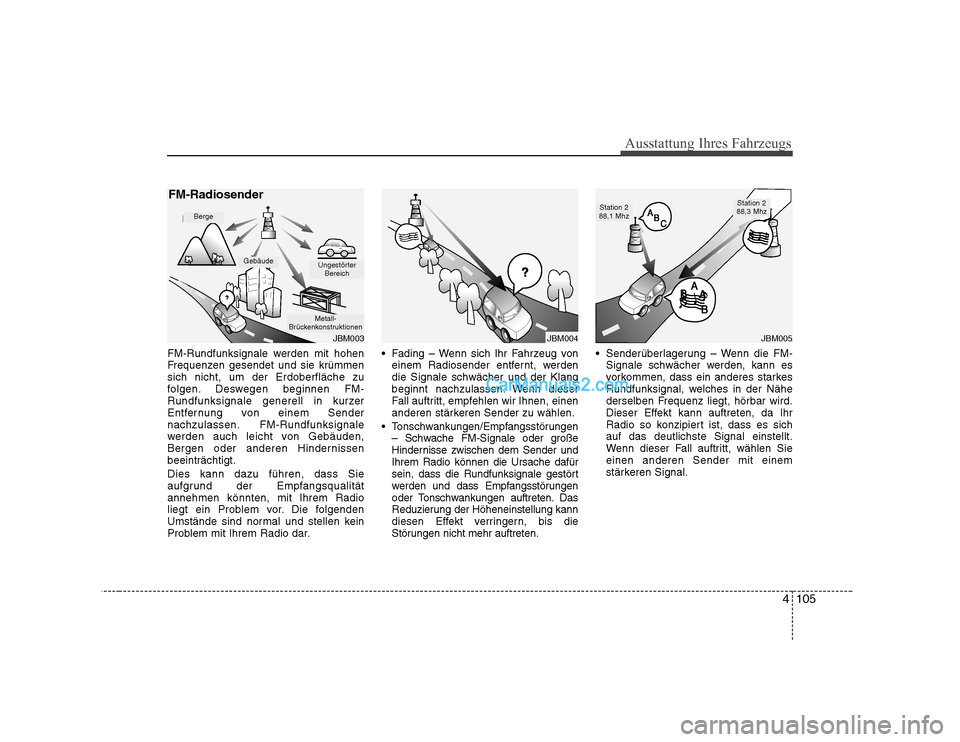 Hyundai Sonata 2008  Betriebsanleitung (in German) 4105
Ausstattung Ihres Fahrzeugs
FM-Rundfunksignale werden mit hohen 
Frequenzen gesendet und sie krümmensich nicht, um der Erdoberfläche zu
folgen. Deswegen beginnen FM-
Rundfunksignale generell in