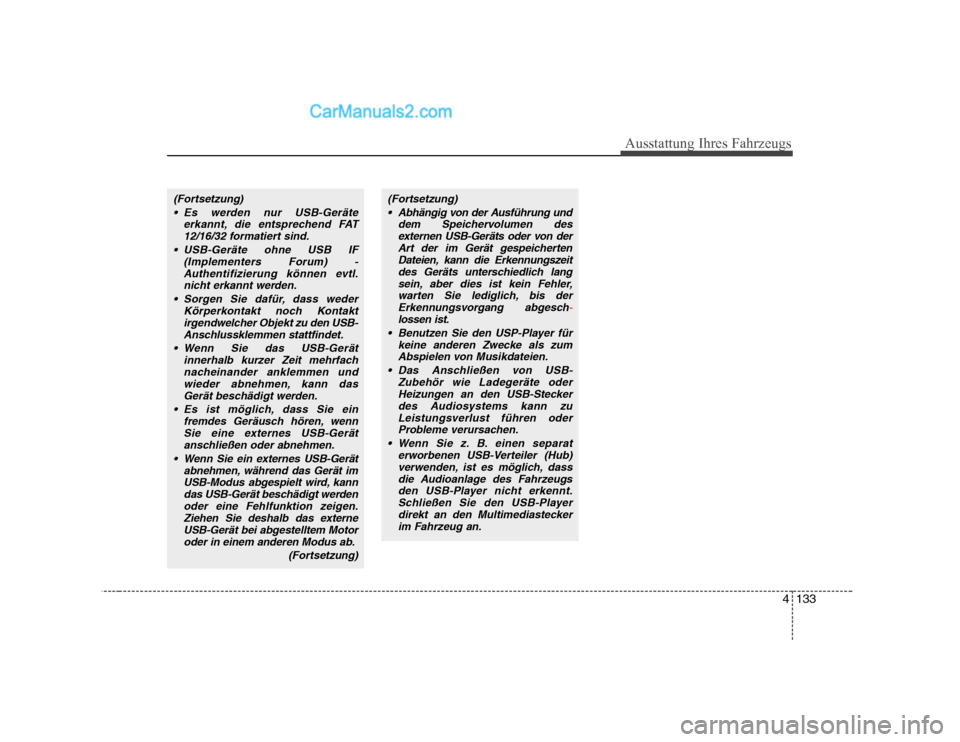 Hyundai Sonata 2008  Betriebsanleitung (in German) 4133
Ausstattung Ihres Fahrzeugs
(Fortsetzung) Es werden nur USB-Geräte erkannt, die entsprechend FAT12/16/32 formatiert sind.
 USB-Geräte ohne USB IF (Implementers Forum) -Authentifizierung können