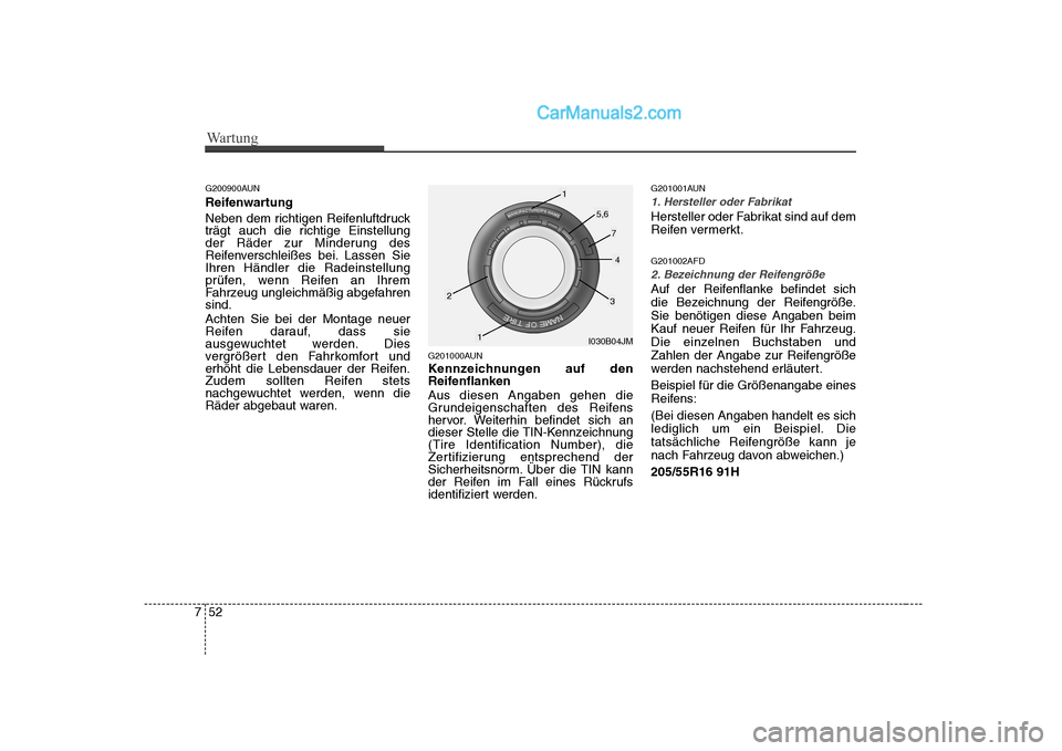 Hyundai Sonata 2008 Betriebsanleitung (in German) Wartung
52
7
G200900AUN
Reifenwartung
Neben dem richtigen Reifenluftdruck
trägt auch die richtige Einstellung
der Räder zur Minderung des
Reifenverschleißes bei. Lassen SieIhren Händler die Ra Hyundai Sonata 2008 Betriebsanleitung (in German) Wartung
52
7
G200900AUN
Reifenwartung
Neben dem richtigen Reifenluftdruck
trägt auch die richtige Einstellung
der Räder zur Minderung des
Reifenverschleißes bei. Lassen SieIhren Händler die Ra