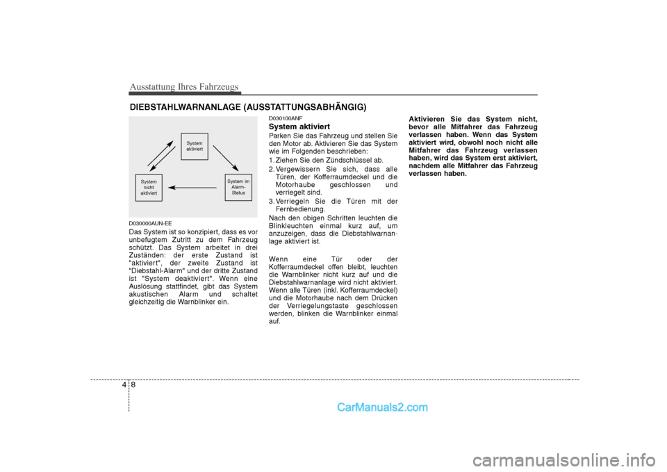 Hyundai Sonata 2008  Betriebsanleitung (in German) Ausstattung Ihres Fahrzeugs
8
4
D030000AUN-EE 
Das System ist so konzipiert, dass es vor 
unbefugtem Zutritt zu dem Fahrzeug
schützt. Das System arbeitet in drei
Zuständen: der erste Zustand ist
"ak