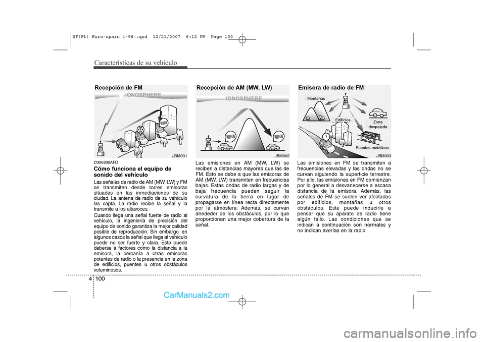 Hyundai Sonata Características de su vehículo
100
4
D300800AFD Cómo funciona el equipo de sonido del vehículo
Las señales de radio de AM (MW, LW) y FM
se transmiten desde torres emisorassituadas en las inmedi Hyundai Sonata Características de su vehículo
100
4
D300800AFD Cómo funciona el equipo de sonido del vehículo
Las señales de radio de AM (MW, LW) y FM
se transmiten desde torres emisorassituadas en las inmedi