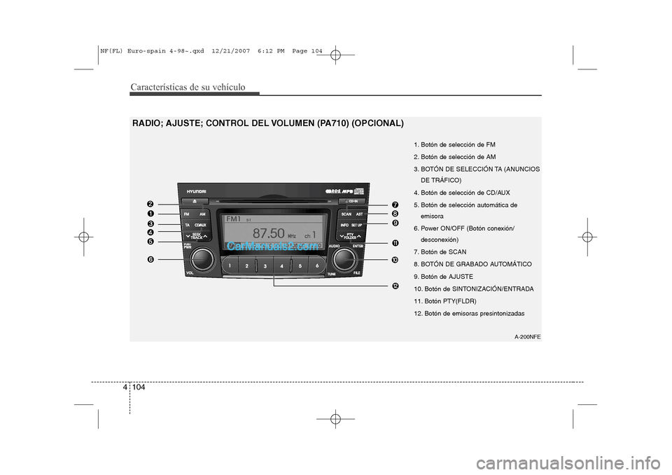 Hyundai Sonata Características de su vehículo
104
4
A-200NFE
RADIO; AJUSTE; CONTROL DEL VOLUMEN (PA710) (OPCIONAL)
1. Botón de selección de FM
2. Botón de selección de AM
3. BOTÓN DE SELECCIÓN TA (ANUNCIOSD Hyundai Sonata Características de su vehículo
104
4
A-200NFE
RADIO; AJUSTE; CONTROL DEL VOLUMEN (PA710) (OPCIONAL)
1. Botón de selección de FM
2. Botón de selección de AM
3. BOTÓN DE SELECCIÓN TA (ANUNCIOSD