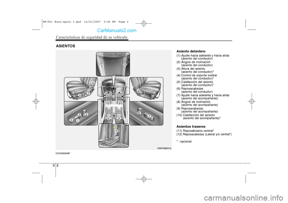 Hyundai Sonata 2008  Manual del propietario (in Spanish) Características de seguridad de su vehículo
2
3
C010000ANF Asiento delantero 
(1) Ajuste hacia adelante y hacia atrás
(asiento del conductor)
(2) Ángulo de inclinación  (asiento del conductor)
(3