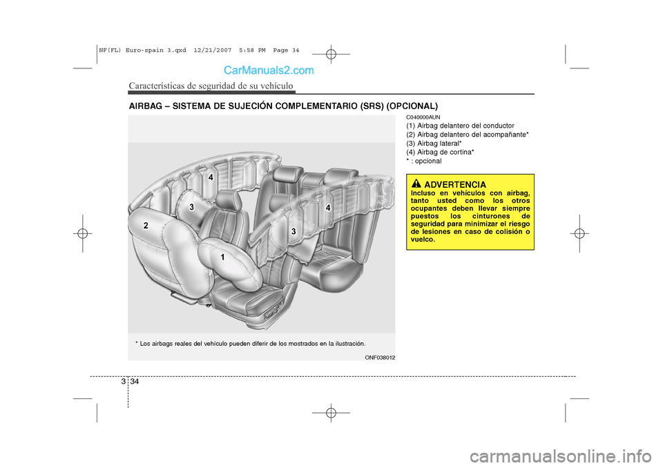 Hyundai Sonata Características de seguridad de su vehículo
34
3
C040000AUN (1) Airbag delantero del conductor(2) Airbag delantero del acompañante*
(3) Airbag lateral*
(4) Airbag de cortina*
* : opcional
AIRBAG �