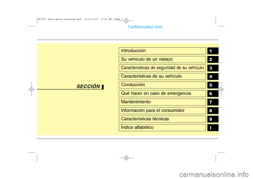 Hyundai Sonata 2008  Manual del propietario (in Spanish) 1 2 3 4 5 6 789Introducción
Su vehículo de un vistazo
Características de seguridad de su vehículo
Características de su vehículo
Conducción
Qué hacer en caso de emergencia
Mantenimiento
Inform