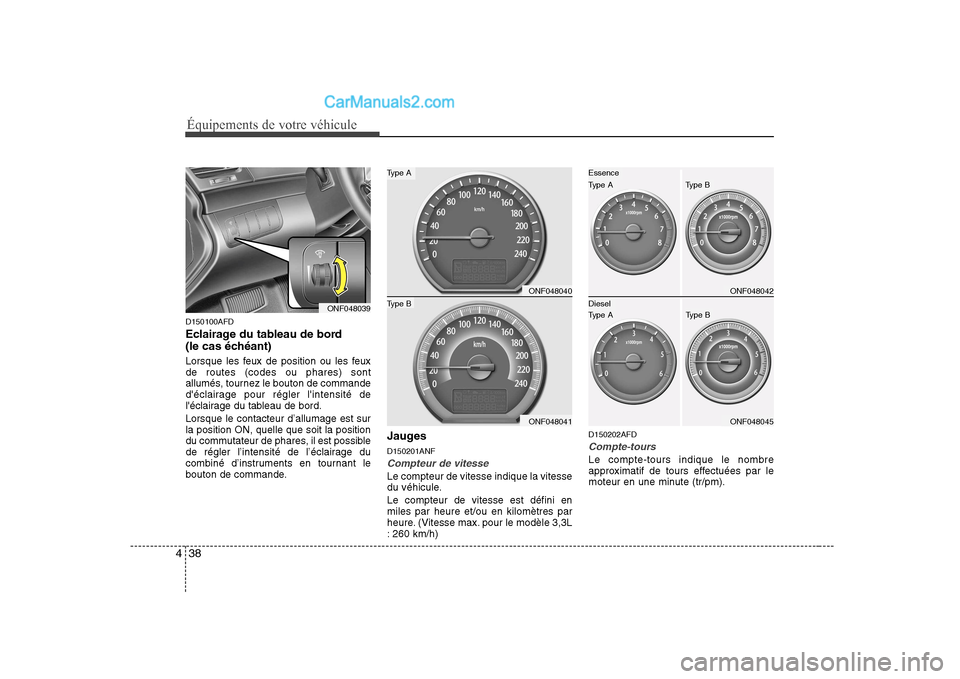 Hyundai Sonata Équipements de votre véhicule
38
4
D150100AFD
Eclairage du tableau de bord
(le cas échéant)
Lorsque les feux de position ou les feux de routes (codes ou phares) sont
allumés, tournez le bouton Hyundai Sonata Équipements de votre véhicule
38
4
D150100AFD
Eclairage du tableau de bord
(le cas échéant)
Lorsque les feux de position ou les feux de routes (codes ou phares) sont
allumés, tournez le bouton