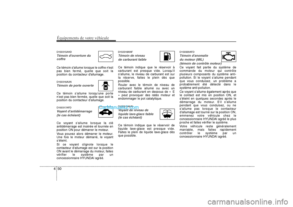 Hyundai Sonata Équipements de votre véhicule
50
4
D150315AHD
Témoin douverture du
coffre
Ce témoin sallume lorsque le coffre nest
pas bien fermé, quelle que soit la
position du contacteur dallumage.
D1503 Hyundai Sonata Équipements de votre véhicule
50
4
D150315AHD
Témoin douverture du
coffre
Ce témoin sallume lorsque le coffre nest
pas bien fermé, quelle que soit la
position du contacteur dallumage.
D1503