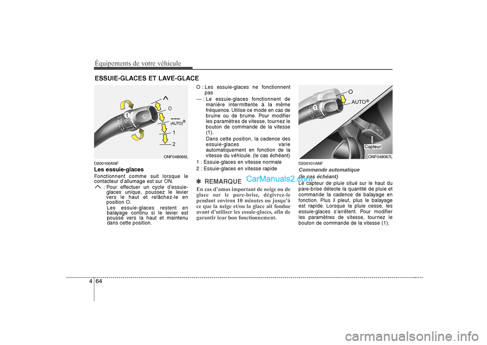 Hyundai Sonata Équipements de votre véhicule
64
4
D200100ANF Les essuie-glaces
Fonctionnent comme suit lorsque le contacteur d’allumage est sur ON.
: Pour effectuer un cycle d’essuie-glaces unique, poussez l Hyundai Sonata Équipements de votre véhicule
64
4
D200100ANF Les essuie-glaces
Fonctionnent comme suit lorsque le contacteur d’allumage est sur ON.
: Pour effectuer un cycle d’essuie-glaces unique, poussez l
