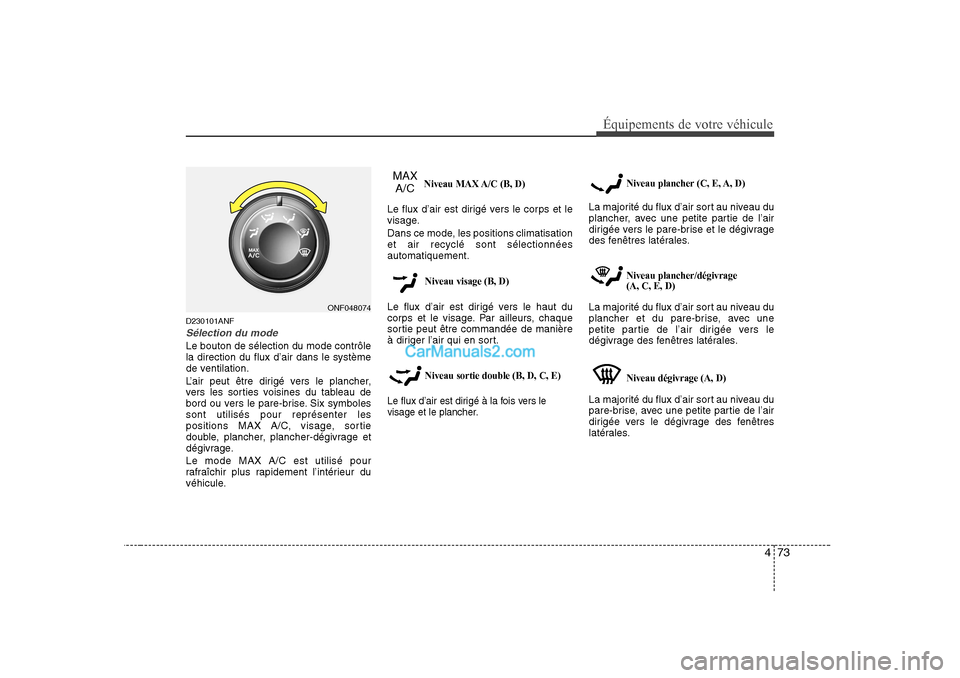 Hyundai Sonata 473
Équipements de votre véhicule
D230101ANF
Sélection du mode
Le bouton de sélection du mode contrôle la direction du flux d’air dans le système
de ventilation.
L’air peut être dirigé ve Hyundai Sonata 473
Équipements de votre véhicule
D230101ANF
Sélection du mode
Le bouton de sélection du mode contrôle la direction du flux d’air dans le système
de ventilation.
L’air peut être dirigé ve