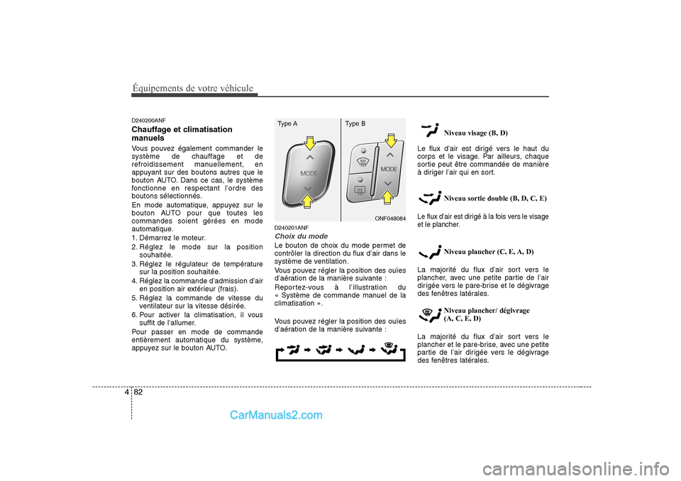 Hyundai Sonata Équipements de votre véhicule
82
4
D240200ANF
Chauffage et climatisation
manuels
Vous pouvez également commander le
système de chauffage et de
refroidissement manuellement, en
appuyant sur des Hyundai Sonata Équipements de votre véhicule
82
4
D240200ANF
Chauffage et climatisation
manuels
Vous pouvez également commander le
système de chauffage et de
refroidissement manuellement, en
appuyant sur des