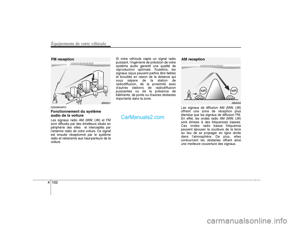 Hyundai Sonata Équipements de votre véhicule
102
4
D300800AFD Fonctionnement du système
audio de la voiture
Les signaux radio AM (MW, LW) et FM
sont diffusés par des émette urs situés en
périphérie des vi Hyundai Sonata Équipements de votre véhicule
102
4
D300800AFD Fonctionnement du système
audio de la voiture
Les signaux radio AM (MW, LW) et FM
sont diffusés par des émette urs situés en
périphérie des vi