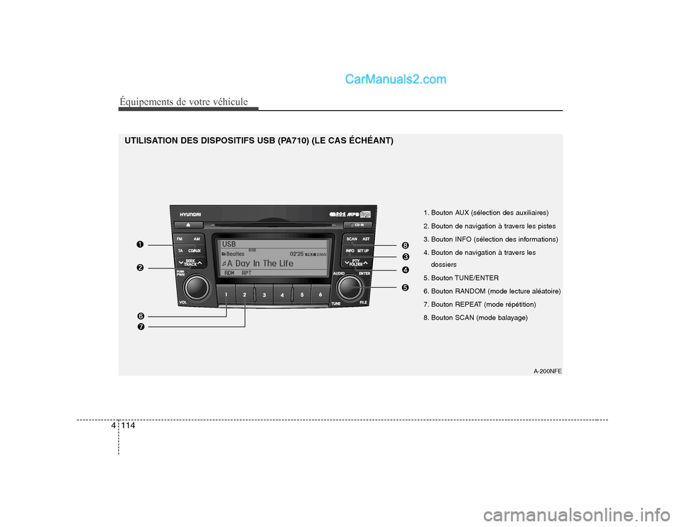 Hyundai Sonata Équipements de votre véhicule
114
4
A-200NFE
UTILISATION DES DISPOSITIFS USB (PA710) (LE CAS ÉCHÉANT)
1. Bouton AUX (sélection des auxiliaires)
2. Bouton de navigation à travers les pistes
3. B Hyundai Sonata Équipements de votre véhicule
114
4
A-200NFE
UTILISATION DES DISPOSITIFS USB (PA710) (LE CAS ÉCHÉANT)
1. Bouton AUX (sélection des auxiliaires)
2. Bouton de navigation à travers les pistes
3. B