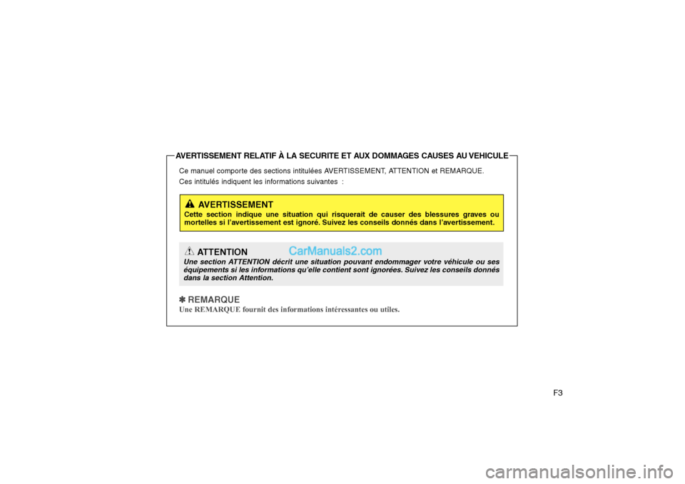 Hyundai Sonata 2008 Manuel du propriétaire (in French) F3
Ce manuel comporte des sections intitulées AVERTISSEMENT, ATTENTION et REMARQUE.
Ces intitulés indiquent les informations suivantes :
✽✽
REMARQUE
Une REMARQUE fournit des informations int Hyundai Sonata 2008 Manuel du propriétaire (in French) F3
Ce manuel comporte des sections intitulées AVERTISSEMENT, ATTENTION et REMARQUE.
Ces intitulés indiquent les informations suivantes :
✽✽
REMARQUE
Une REMARQUE fournit des informations int