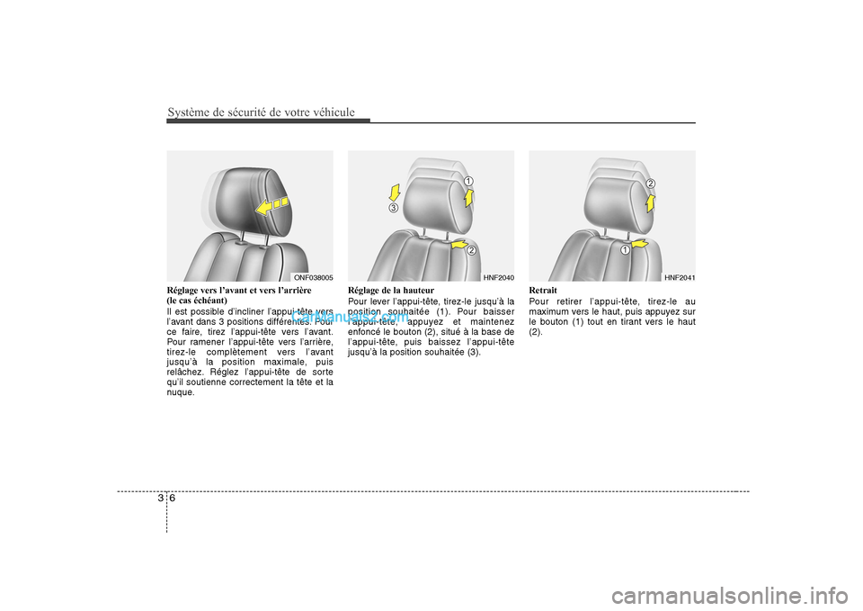Hyundai Sonata Système de sécurité de votre véhicule
6
3
Réglage vers l’avant et vers l’arrière (le cas échéant)
Il est possible d’incliner l’appui-tête vers
l’avant dans 3 positions différente Hyundai Sonata Système de sécurité de votre véhicule
6
3
Réglage vers l’avant et vers l’arrière (le cas échéant)
Il est possible d’incliner l’appui-tête vers
l’avant dans 3 positions différente