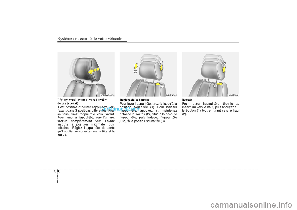 Hyundai Sonata 2008  Manuel du propriétaire (in French) Système de sécurité de votre véhicule
6
3
Réglage vers l’avant et vers l’arrière (le cas échéant) 
Il est possible d’incliner l’appui-tête vers 
l’avant dans 3 positions différente