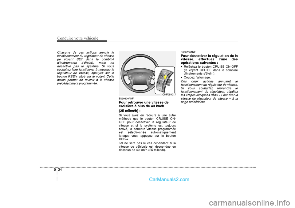 Hyundai Sonata Conduire votre véhicule
34
5
Chacune de ces actions annule le
fonctionnement du régulateur de vitesse(le voyant SET dans le combiné
d’instruments s’éteint), mais nedésactive pas le système. Hyundai Sonata Conduire votre véhicule
34
5
Chacune de ces actions annule le
fonctionnement du régulateur de vitesse(le voyant SET dans le combiné
d’instruments s’éteint), mais nedésactive pas le système.