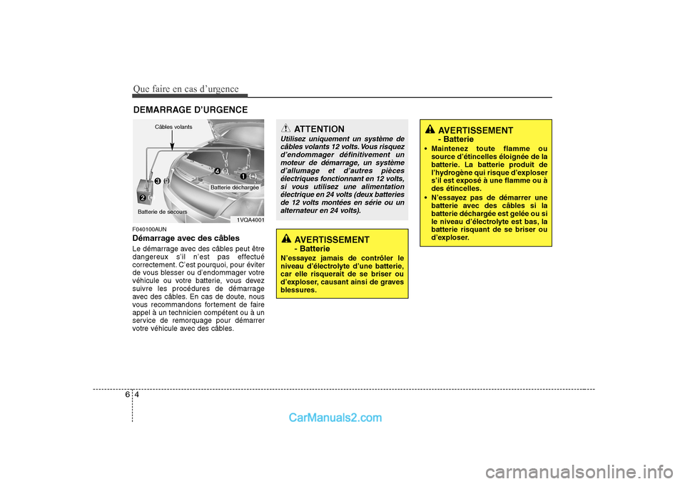 Hyundai Sonata Que faire en cas d’urgence
4
6
ATTENTION
Utilisez uniquement un système de
câbles volants 12 volts. Vous risquez d’endommager définitivement unmoteur de démarrage, un système
d’allumage et Hyundai Sonata Que faire en cas d’urgence
4
6
ATTENTION
Utilisez uniquement un système de
câbles volants 12 volts. Vous risquez d’endommager définitivement unmoteur de démarrage, un système
d’allumage et