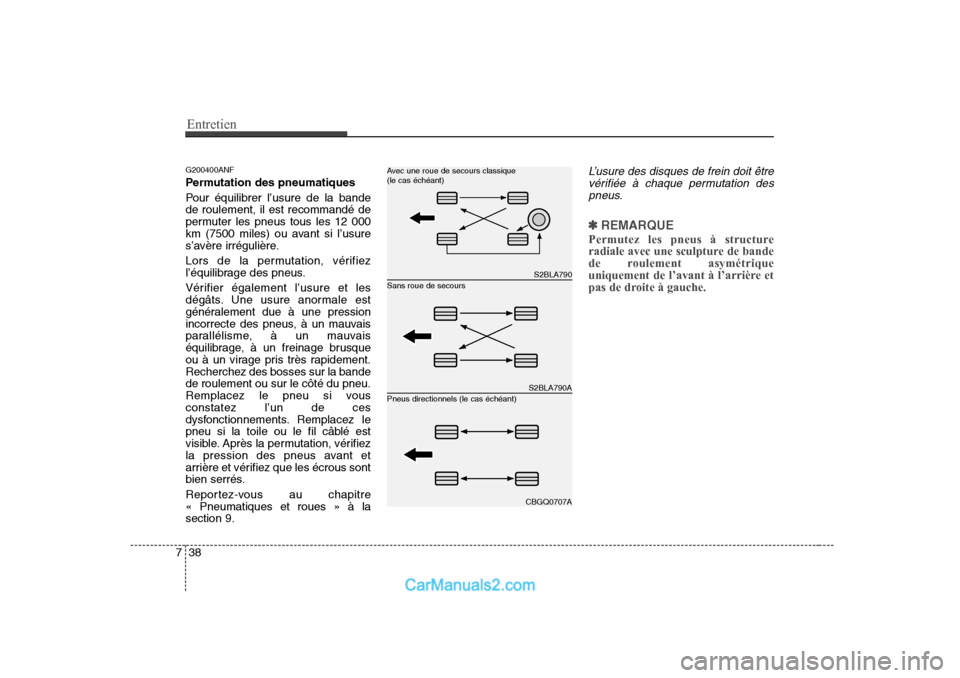 Hyundai Sonata Entretien
38
7
G200400ANF
Permutation des pneumatiques
Pour équilibrer l’usure de la bande de roulement, il est recommandé de
permuter les pneus tous les 12 000
km (7500 miles) ou avant si l’u Hyundai Sonata Entretien
38
7
G200400ANF
Permutation des pneumatiques
Pour équilibrer l’usure de la bande de roulement, il est recommandé de
permuter les pneus tous les 12 000
km (7500 miles) ou avant si l’u