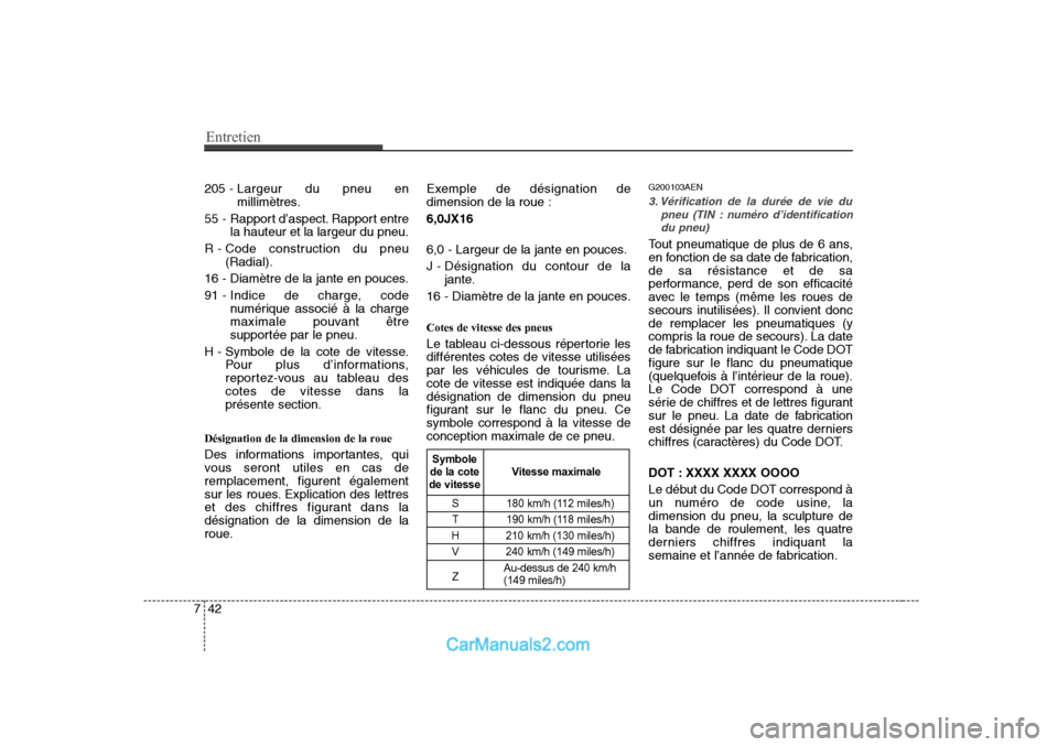 Hyundai Sonata Entretien
42
7
205 - Largeur du pneu en
millimètres.
55 - Rapport d’aspect. Rapport entre la hauteur et la largeur du pneu.
R - Code construction du pneu (Radial).
16 - Diamètre de la jante en p Hyundai Sonata Entretien
42
7
205 - Largeur du pneu en
millimètres.
55 - Rapport d’aspect. Rapport entre la hauteur et la largeur du pneu.
R - Code construction du pneu (Radial).
16 - Diamètre de la jante en p