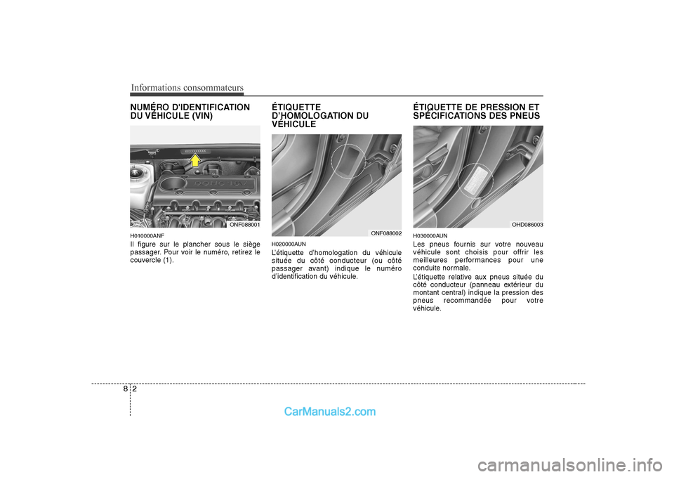 Hyundai Sonata Informations consommateurs
2
8
NUMÉRO DIDENTIFICATION
DU VÉHICULE (VIN) H010000ANF Il figure sur le plancher sous le siège
passager. Pour voir le numéro, retirez le
couvercle (1). ÉTIQUETTE
Hyundai Sonata Informations consommateurs
2
8
NUMÉRO DIDENTIFICATION
DU VÉHICULE (VIN) H010000ANF Il figure sur le plancher sous le siège
passager. Pour voir le numéro, retirez le
couvercle (1). ÉTIQUETTE