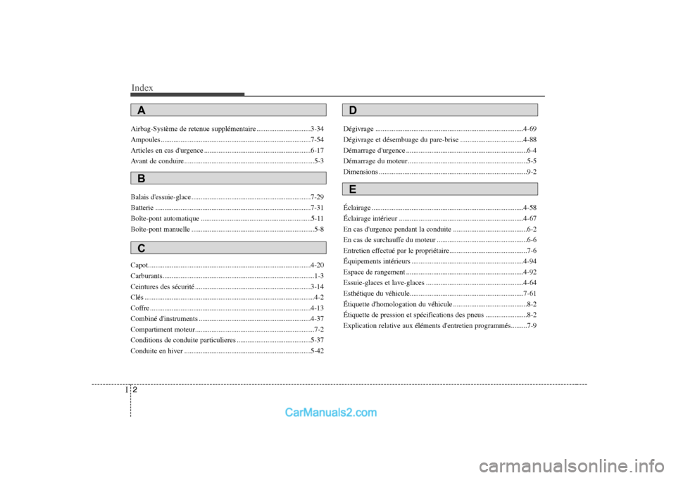 Hyundai Sonata Index
2
I
Airbag-Système de retenue supplémentaire ..............................3-34 
Ampoules ...................................................................................7-54
Articles en ca