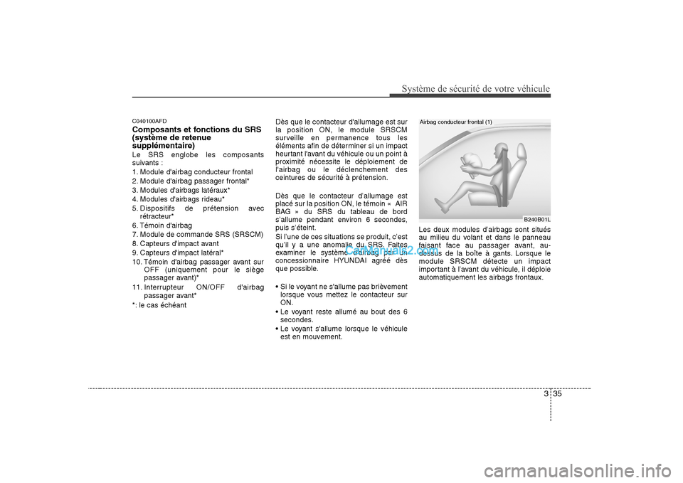 Hyundai Sonata 335
Système de sécurité de votre véhicule 
C040100AFD 
Composants et fonctions du SRS 
(système de retenuesupplémentaire) Le SRS englobe les composants 
suivants : 
1. Module dairbag conducteur