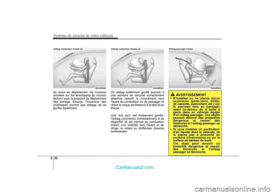 Hyundai Sonata Système de sécurité de votre véhicule 
36
3
Au cours du déploiement, les coutures 
moulées sur les enveloppes du coussinlâchent sous la pression de déploiement
des airbags. Ensuite, louvertur