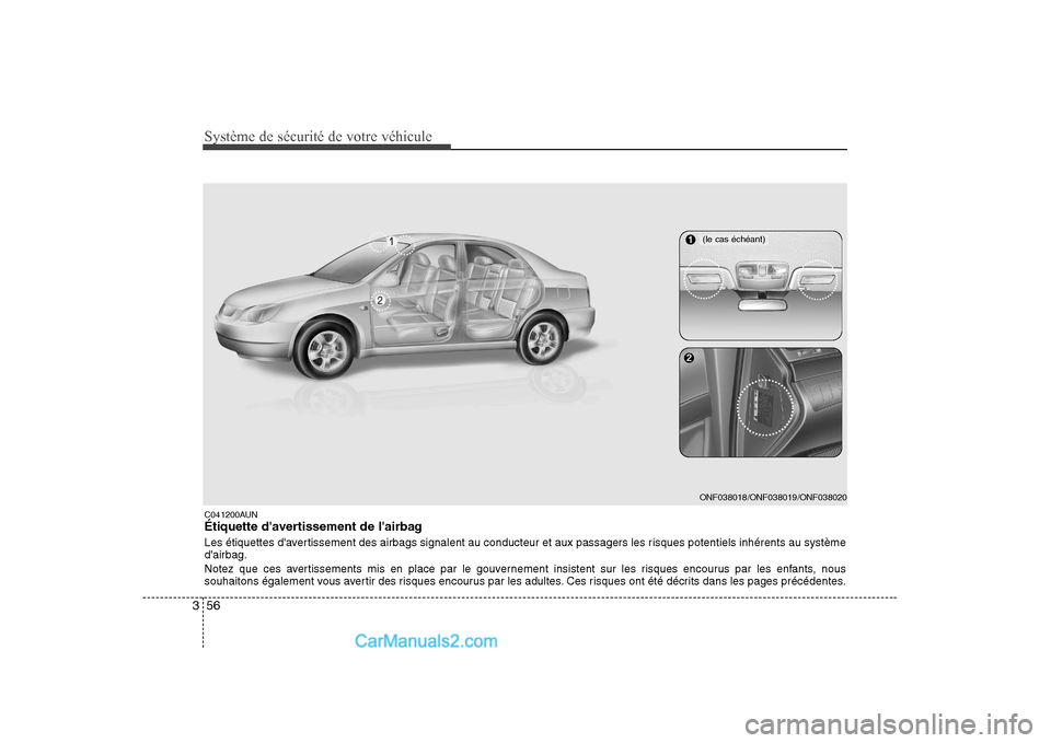 Hyundai Sonata Système de sécurité de votre véhicule
56
3
C041200AUN
Étiquette davertissement de lairbag
Les étiquettes davertissement des airbags signalent au conducteur et aux passagers les risques pot Hyundai Sonata Système de sécurité de votre véhicule
56
3
C041200AUN
Étiquette davertissement de lairbag
Les étiquettes davertissement des airbags signalent au conducteur et aux passagers les risques pot