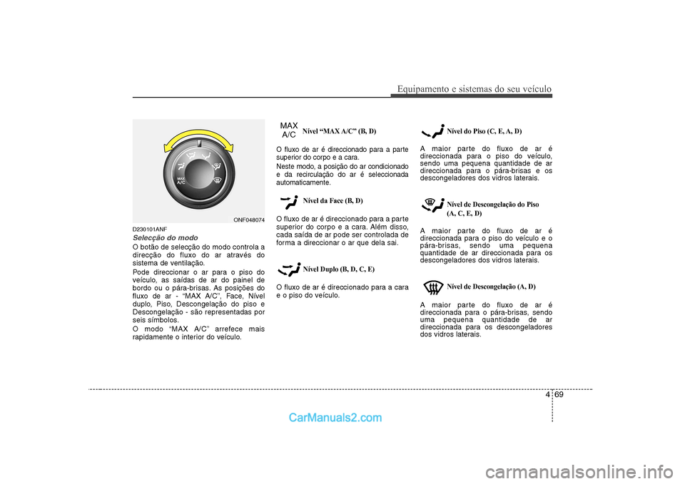 Hyundai Sonata 469
Equipamento e sistemas do seu veículo
D230101ANF
Selecção do modo
O botão de selecção do modo controla a
direcção do fluxo do ar através do
sistema de ventilação.
Pode direccionar o a Hyundai Sonata 469
Equipamento e sistemas do seu veículo
D230101ANF
Selecção do modo
O botão de selecção do modo controla a
direcção do fluxo do ar através do
sistema de ventilação.
Pode direccionar o a