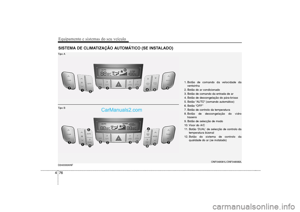 Hyundai Sonata Equipamento e sistemas do seu veículo
76
4
SISTEMA DE CLIMATIZAÇÃO AUTOMÁTICO (SE INSTALADO)
1. Botão de comando da velocidade da
ventoinha
2. Botão do ar condicionado
3. Botão de comando da e Hyundai Sonata Equipamento e sistemas do seu veículo
76
4
SISTEMA DE CLIMATIZAÇÃO AUTOMÁTICO (SE INSTALADO)
1. Botão de comando da velocidade da
ventoinha
2. Botão do ar condicionado
3. Botão de comando da e