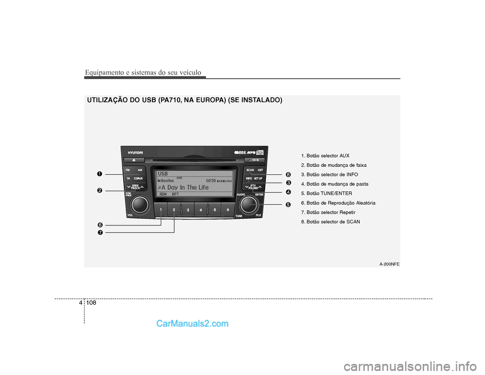 Hyundai Sonata Equipamento e sistemas do seu veículo
108
4
UTILIZAÇÃO DO USB (PA710, NA EUROPA) (SE INSTALADO)
1. Botão selector AUX
2. Botão de mudança de faixa
3. Botão selector de INFO
4. Botão de mudan Hyundai Sonata Equipamento e sistemas do seu veículo
108
4
UTILIZAÇÃO DO USB (PA710, NA EUROPA) (SE INSTALADO)
1. Botão selector AUX
2. Botão de mudança de faixa
3. Botão selector de INFO
4. Botão de mudan