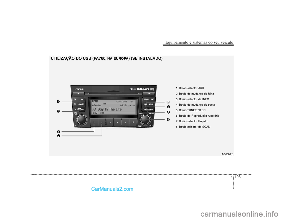 Hyundai Sonata 4123
Equipamento e sistemas do seu veículo
1. Botão selector AUX
2. Botão de mudança de faixa
3. Botão selector de INFO
4. Botão de mudança de pasta
5. Botão TUNE/ENTER
6. Botão de Reprodu Hyundai Sonata 4123
Equipamento e sistemas do seu veículo
1. Botão selector AUX
2. Botão de mudança de faixa
3. Botão selector de INFO
4. Botão de mudança de pasta
5. Botão TUNE/ENTER
6. Botão de Reprodu