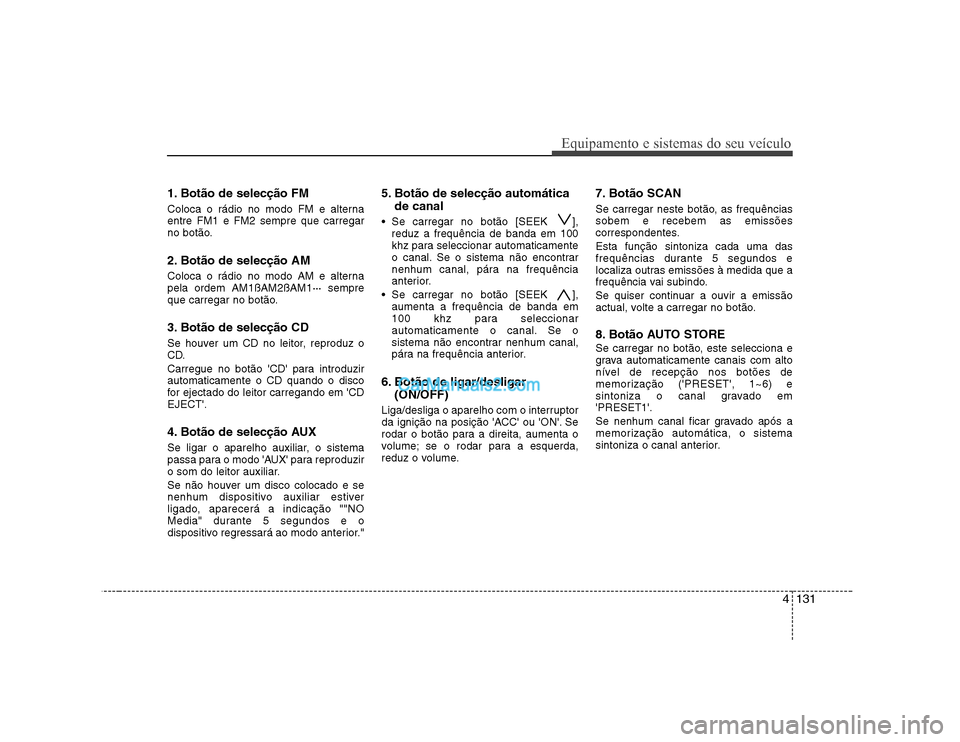 Hyundai Sonata 4131
Equipamento e sistemas do seu veículo
1. Botão de selecção FM
Coloca o rádio no modo FM e alterna entre FM1 e FM2 sempre que carregar
no botão.
2. Botão de selecção AM
Coloca o rádio Hyundai Sonata 4131
Equipamento e sistemas do seu veículo
1. Botão de selecção FM
Coloca o rádio no modo FM e alterna entre FM1 e FM2 sempre que carregar
no botão.
2. Botão de selecção AM
Coloca o rádio