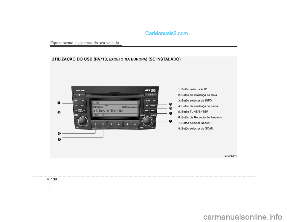 Hyundai Sonata Equipamento e sistemas do seu veículo
138
4
1. Botão selector AUX
2. Botão de mudança de faixa
3. Botão selector de INFO
4. Botão de mudança de pasta
5. Botão TUNE/ENTER
6. Botão de Reprod Hyundai Sonata Equipamento e sistemas do seu veículo
138
4
1. Botão selector AUX
2. Botão de mudança de faixa
3. Botão selector de INFO
4. Botão de mudança de pasta
5. Botão TUNE/ENTER
6. Botão de Reprod