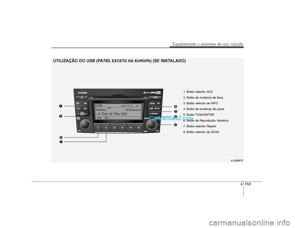 Hyundai Sonata 4153
Equipamento e sistemas do seu veículo
1. Botão selector AUX
2. Botão de mudança de faixa
3. Botão selector de INFO
4. Botão de mudança de pasta
5. Botão TUNE/ENTER
6. Botão de Reprodu Hyundai Sonata 4153
Equipamento e sistemas do seu veículo
1. Botão selector AUX
2. Botão de mudança de faixa
3. Botão selector de INFO
4. Botão de mudança de pasta
5. Botão TUNE/ENTER
6. Botão de Reprodu