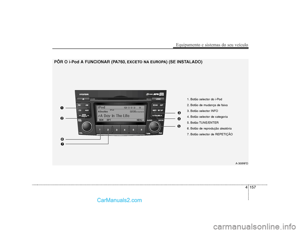 Hyundai Sonata 4157
Equipamento e sistemas do seu veículo
1. Botão selector do i-Pod
2. Botão de mudança de faixa
3. Botão selector INFO
4. Botão selector de categoria
5. Botão TUNE/ENTER
6. Botão de rep Hyundai Sonata 4157
Equipamento e sistemas do seu veículo
1. Botão selector do i-Pod
2. Botão de mudança de faixa
3. Botão selector INFO
4. Botão selector de categoria
5. Botão TUNE/ENTER
6. Botão de rep