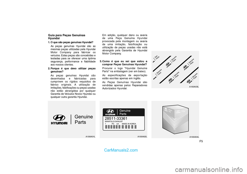 Hyundai Sonata F5
Guia para Peças Genuínas Hyundai 
1. O que são peças genuínas Hyundai?
As peças genuínas Hyundai são as mesmas peças utilizadas pela Hyundai
Motor Company para fabricar os
veículos. Estas