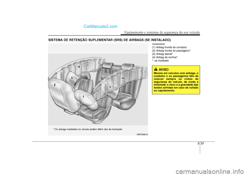 Hyundai Sonata 2008 Manual do proprietário (in Portuguese) 337
Equipamento e sistemas de segurança do seu veículo
C040000AUN (1) Airbag frontal do condutor(2) Airbag frontal do passageiro*
(3) Airbag lateral*
(4) Airbag de cortina*
*: se instalado
SISTEMA D Hyundai Sonata 2008 Manual do proprietário (in Portuguese) 337
Equipamento e sistemas de segurança do seu veículo
C040000AUN (1) Airbag frontal do condutor(2) Airbag frontal do passageiro*
(3) Airbag lateral*
(4) Airbag de cortina*
*: se instalado
SISTEMA D