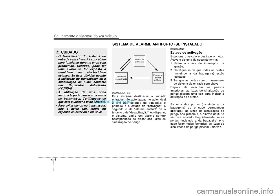 Hyundai Sonata Equipamento e sistemas do seu veículo
6
4
D030000AUN-EE Este sistema destina-se a impedir
entradas não autorizadas no automóvel
e tem três estados de actuação: o
primeiro é o estado de "activa Hyundai Sonata Equipamento e sistemas do seu veículo
6
4
D030000AUN-EE Este sistema destina-se a impedir
entradas não autorizadas no automóvel
e tem três estados de actuação: o
primeiro é o estado de "activa