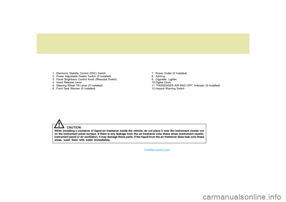 Hyundai Sonata 2007  Owners Manual 1. Electronic Stability Control (ESC) Switch
2. Power Adjustable Pedals Switch (If Installed)
3. Panel Brightness Control Knob (Rheostat Switch)
4. Hood Release Lever
5. Steering Wheel Tilt Lever (If 