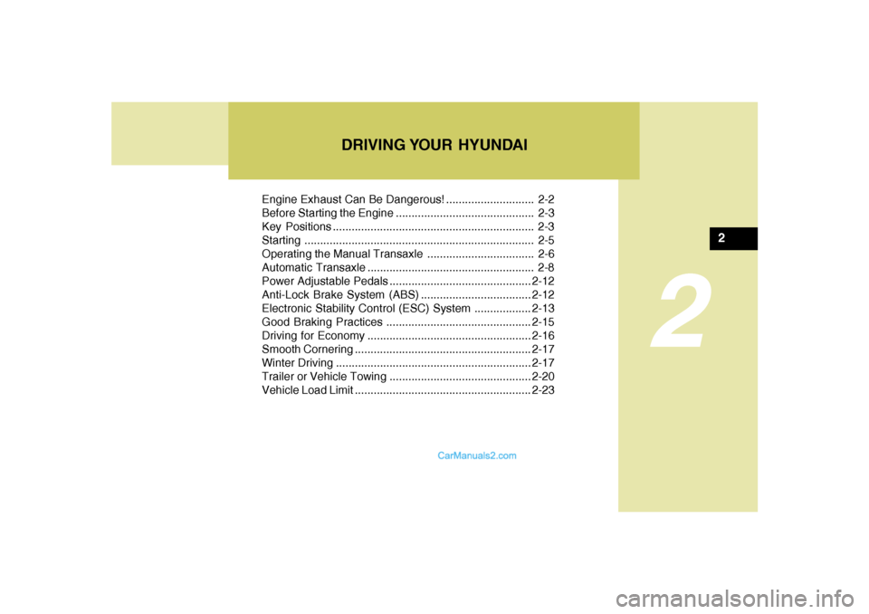 Hyundai Sonata 2007  Owners Manual DRIVING YOUR  HYUNDAI
2
Engine Exhaust Can Be Dangerous! ............................ 2-2
Before Starting the Engine ............................................ 2-3
Key Positions ....................