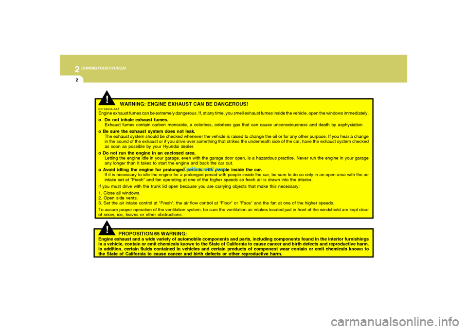 Hyundai Sonata 2007  Owners Manual 2
DRIVING YOUR HYUNDAI
2
 WARNING: ENGINE EXHAUST CAN BE DANGEROUS!
C010A03A-AATEngine exhaust fumes can be extremely dangerous. If, at any time, you smell exhaust fumes inside the vehicle, open the w
