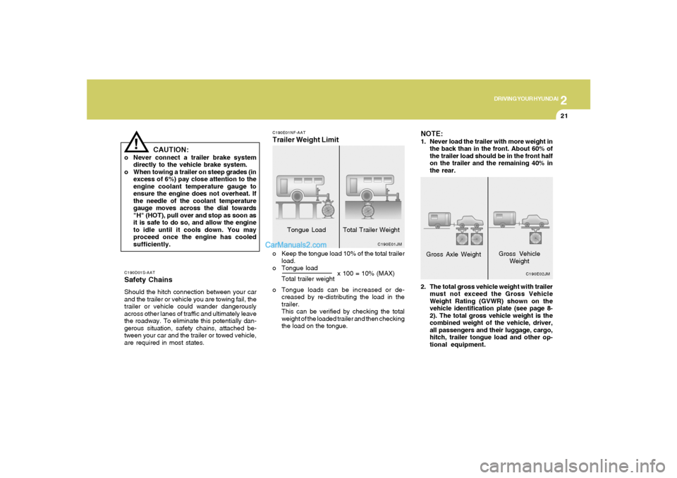 Hyundai Sonata 2007  Owners Manual 2
DRIVING YOUR HYUNDAI
21
C190D01S-AATSafety ChainsShould the hitch connection between your car
and the trailer or vehicle you are towing fail, the
trailer or vehicle could wander dangerously
across o