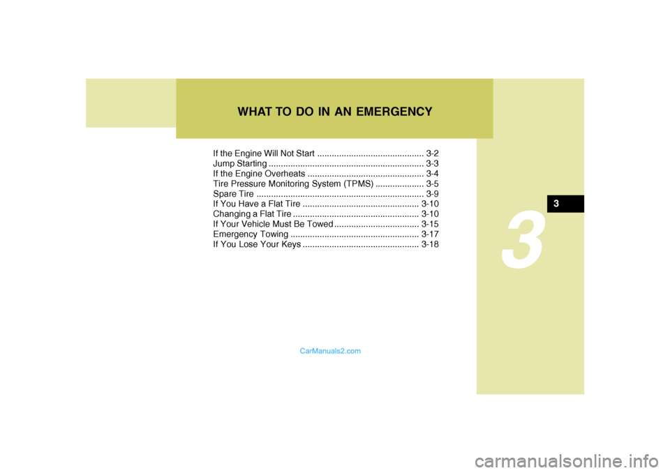 Hyundai Sonata If the Engine Will Not Start ............................................ 3-2
Jump Starting ................................................................ 3-3
If the Engine Overheats ...............