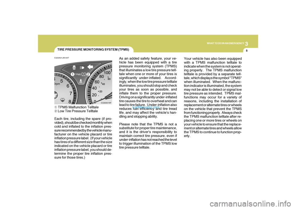 Hyundai Sonata 3
WHAT TO DO IN AN EMERGENCY
5
TIRE PRESSURE MONITORING SYSTEM (TPMS)
C320A01NF C320A01JM-AAT
➀ TPMS Malfunction Telltale
➁ Low Tire Pressure Telltale
Each tire, including the spare (if pro-
vided