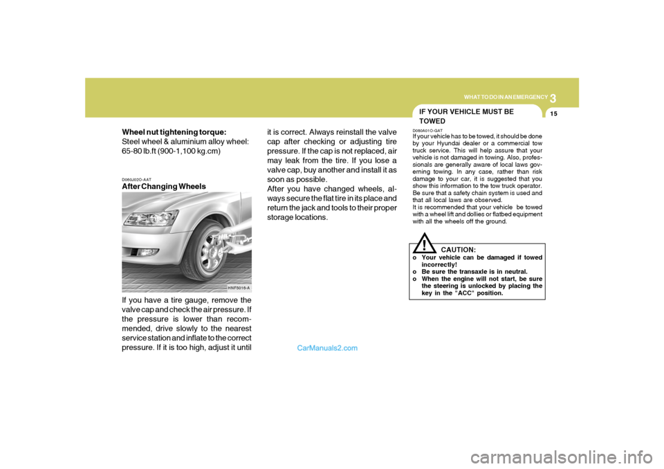Hyundai Sonata 2007  Owners Manual 3
WHAT TO DO IN AN EMERGENCY
15
D060J02O-AATAfter Changing Wheels
If you have a tire gauge, remove the
valve cap and check the air pressure. If
the pressure is lower than recom-
mended, drive slowly t