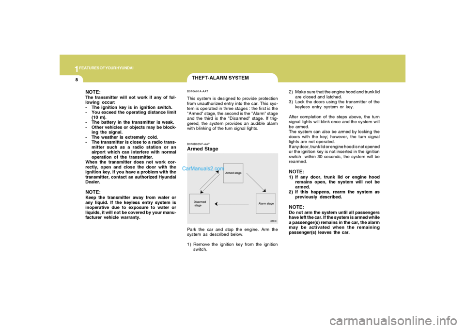 Hyundai Sonata 2007 Owners Guide 1FEATURES OF YOUR HYUNDAI8
2) Make sure that the engine hood and trunk lid
are closed and latched.
3) Lock the doors using the transmitter of the
keyless entry system or key.
After completion of the s