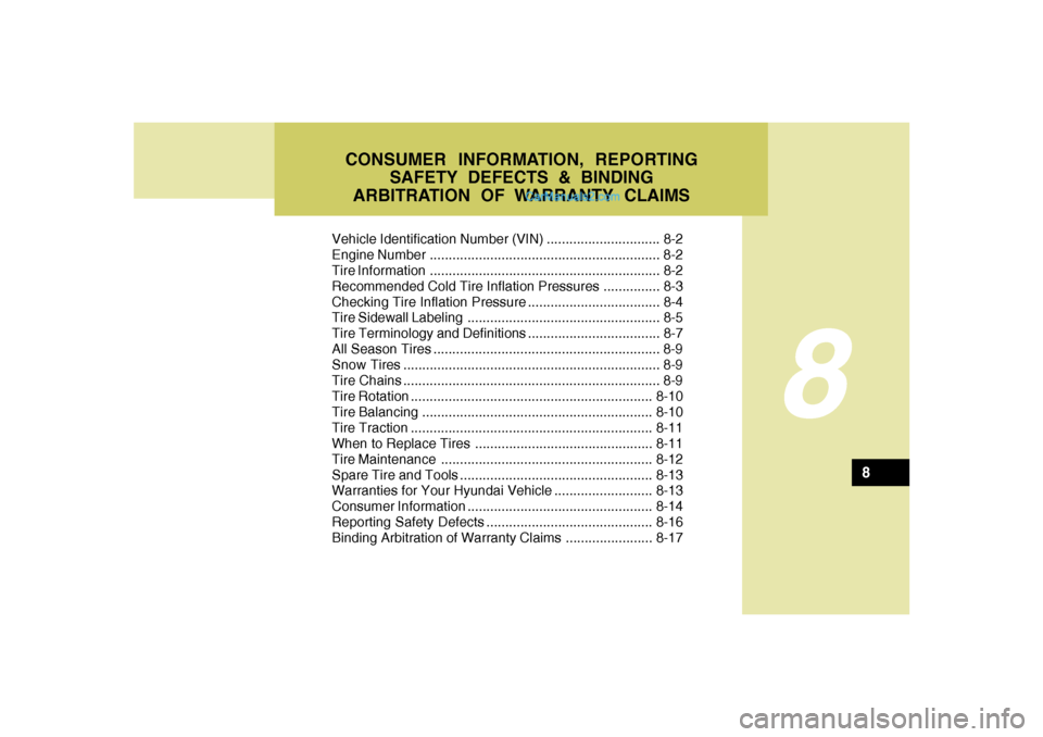 Hyundai Sonata Vehicle Identification Number (VIN) .............................. 8-2
Engine Number ............................................................. 8-2
Tire Information ................................