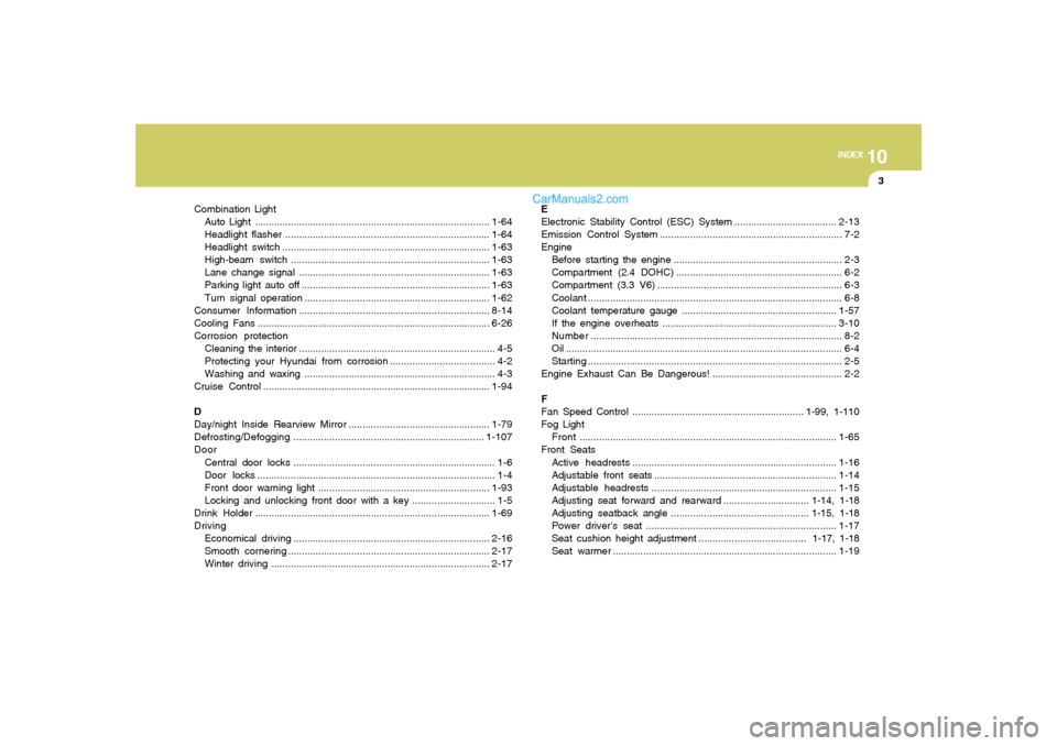 Hyundai Sonata 2007  Owners Manual 10
INDEX
3
Combination Light
Auto Light .....................................................................................1-64
Headlight flasher.....................................................